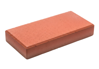 A close-up view of a single, rectangular, reddish-brown paving brick, highlighted against a stark black background.