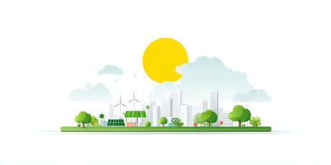 Fototapeta premium Concept of Circular Economy for Sustainable Future, Sustainable cityscape illustration featuring greenery, wind turbines, and a bright sun.