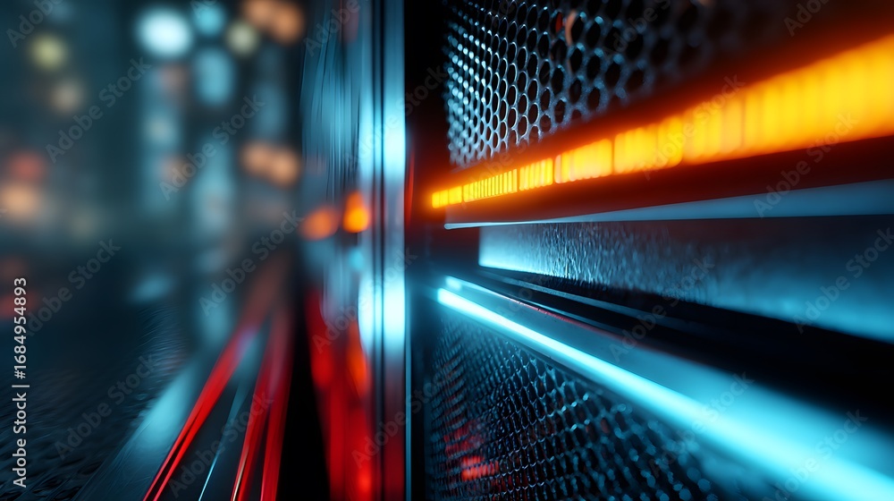 Poster illuminated server racks with neon lights in a data center