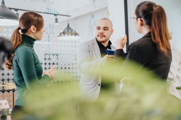 Business people actively communicating during a meeting, fostering collaboration and teamwork, set...