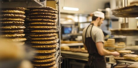 Stacking cookies in bakery and fresh pastries for sell at local concept