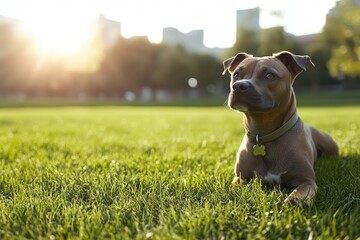 Dog Relaxes on Grassy Lawn at Sunset in the city Park with Pet Concept