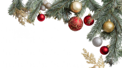 festive christmas decorations with pine branches and red, gold, and silver ornaments, jpeg, png, transparent