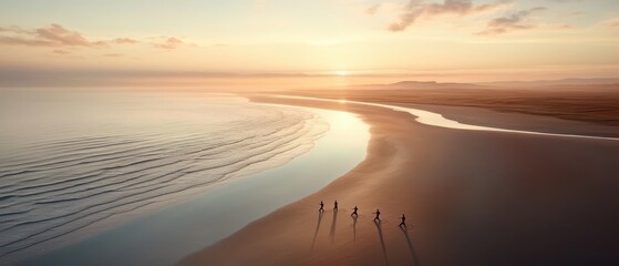 People walk on a serene beach at sunrise, enjoying a peaceful morning wellness experience by the calm ocean waves and soft light.