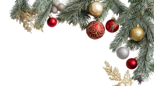 festive christmas decorations with pine branches and red, gold, and silver ornaments, jpeg, png, transparent