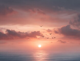beautiful sunset over the ocean with birds flying in the sky