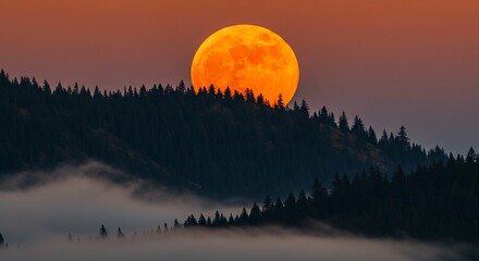 Orange moon rising over forest silhouette