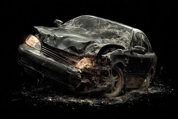 Severe car accident reveals the aftermath of a disaster in isolation on a black background