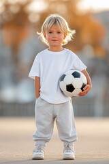 Little child with blonde hair holding soccer ball on outdoor football field with blurred autumn background, concept of childhood, sport and healthy lifestyle