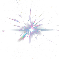 Obraz premium A glowing crystal diamond sparkles on a dark neon-lit background. Rainbow rays reflect from the prism with transparent light leak effects. Lens flare wraps around the gem with brilliance.