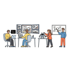 Diverse team collaborating on robotics and data analysis in a modern office environment, suitable for illustrating technology, teamwork, and innovation