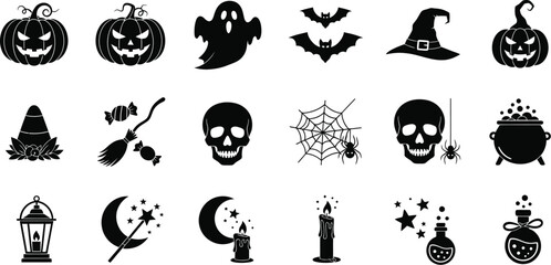 Happy Halloween icons with pumpkin, ghost, bat, hat, broom, and more for holiday celebrations in October.