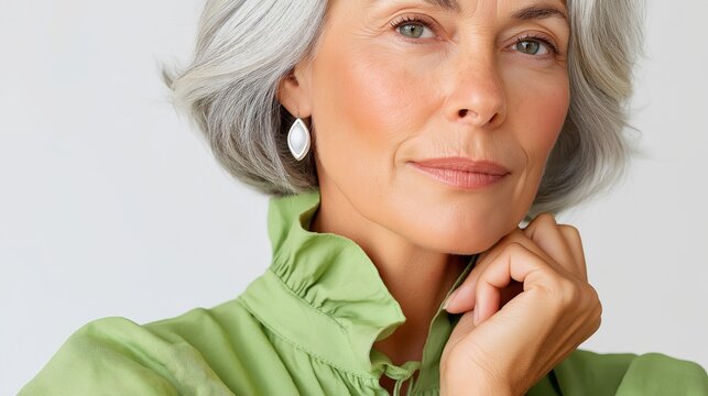 Elegant mature woman with gray hair wearing green blouse and silver earrings, posing against light neutral background in minimalistic style, symbolizing beauty, wisdom and timeless confidence - Powered by Adobe