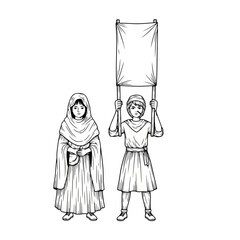 Ancient illustration of two figures, one holding a banner and the other carrying a vessel. Ideal for historical education, cultural heritage, or storytelling projects