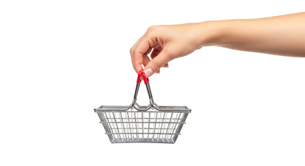 Fototapeta premium empty shopping basket a hands gentle offer of retail therapy, isolated on transparent background