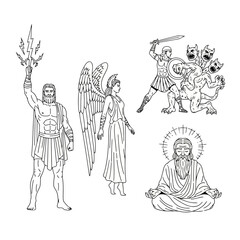 Ancient Greek Gods and Mythological Figures Line Art Illustrations for Educational Resources and Historical Design Projects Aimed at Myth and Legend Studies