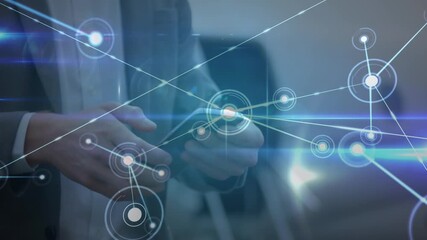 Animation of network of connections over businessmen using smartphone at the airport - Powered by Adobe