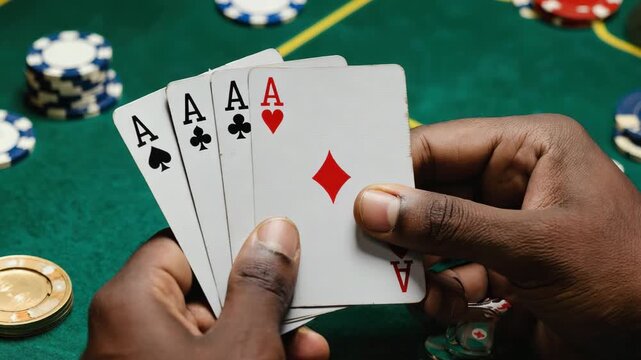Hands holding four aces poker hand, with chips blurred in background. Green felt poker table. Close-up.