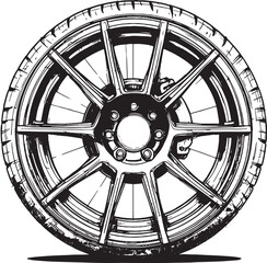 Obraz premium Detailed Black and White Car Wheel Illustration with Intricate Spoke Design and Tire Tread Detailing for Automotive Concepts