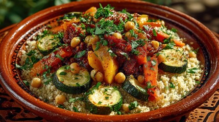 Large clay dish filled with couscous topped with carrots zucchini chickpeas lamb stew vibrant colors natural daylight Moroccan cuisine photography