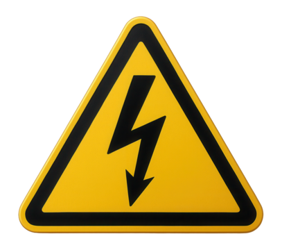 Yellow triangular electric shock warning sign with electric bolt icon