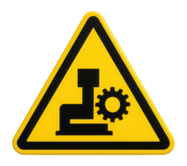 Yellow triangular machine operation warning sign with machine icon