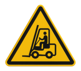 Yellow triangular forklift operation warning sign with forklift and load icon