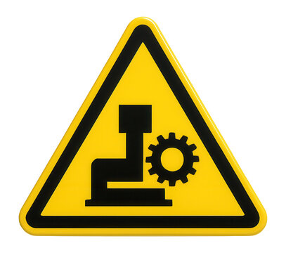 Yellow triangular machine operation warning sign with machine icon