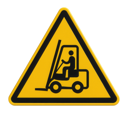 Yellow triangular forklift operation warning sign with forklift and load icon