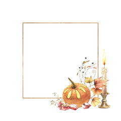 Golden frame with autumn pumpkin lantern, fall leaves and vintage candle. Warmth holiday design. Hand drawn watercolor illustration isolated on white background. For sticker, invitation, poster, card.