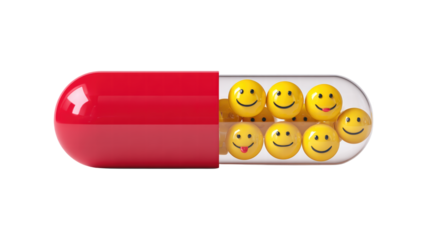 Red Capsule Opened Yellow Smiley Face Emojis Inside White Background Happiness