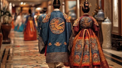 Traditional Korean wedding ceremony with bride and groom in hanbok colorful decorations cultural heritage travel concept