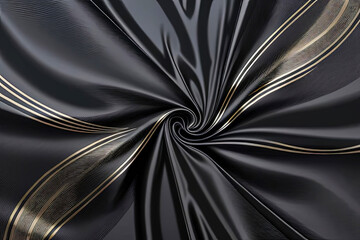 black silk fabric with gold stripes twisted in a spiral, luxurious smooth texture, silky background
