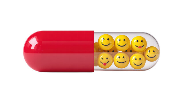 Red Capsule Opened Yellow Smiley Face Emojis Inside White Background Happiness