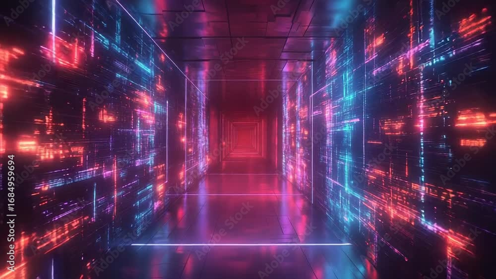 Poster neon futuristic corridor showing programming code flowing on digital walls