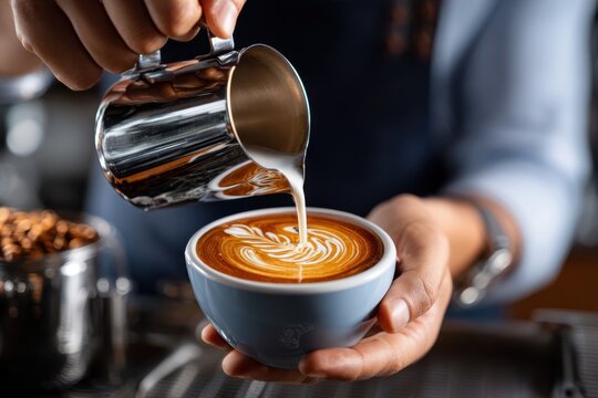 Skilled barista creates latte art in a cozy coffee shop during afternoon hours