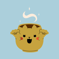 Cute kawaii halloween mug cat with hot drink for kids and design. pumpkin latte in a beautiful mug with marshmallow and straw. Vector stock illustration on a blue background.