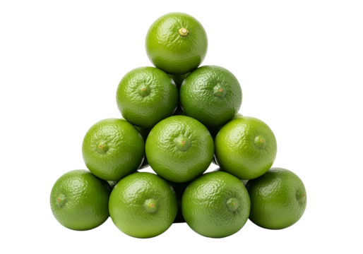Fresh, vibrant limes arranged in a triangular pyramid against a black backdrop.