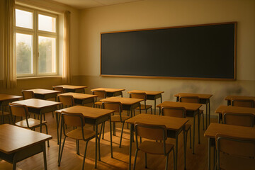 Blackboard placed in the middle of a classroom with wooden desks representing education, learning and traditional school interior atmosphere