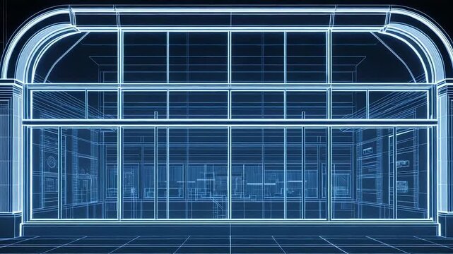 Futuristic architectural blueprint of modern storefront