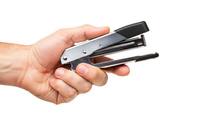 hand offering a silver stapler efficiency, productivity, and office organization, isolated on transparent background