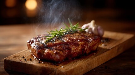 Steaming grilled steak seasoned with salt and pepper topped with fresh rosemary served on a rustic wooden cutting board with garlic cloves