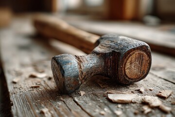 Close-up of aged hammer on workbench