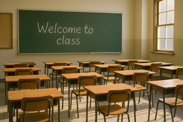 Classroom interior with desks arranged neatly in rows and a chalkboard in the background illustrating school educational environment with learning space design