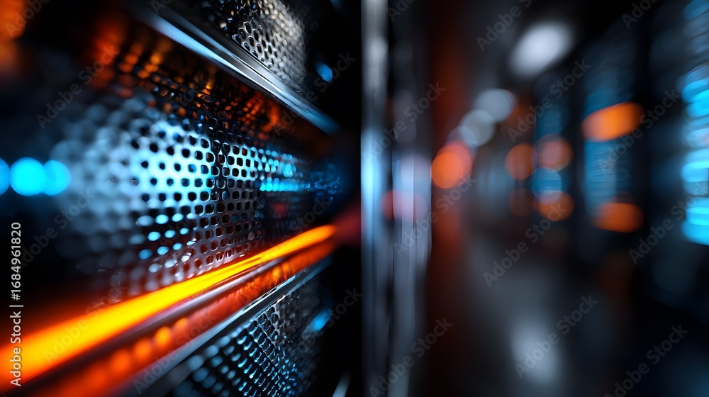 Poster server rack with illuminated panels in a data center