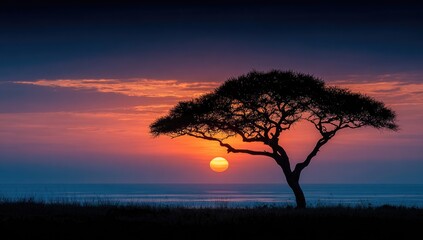 Silhouetted tree at sunrise over savanna