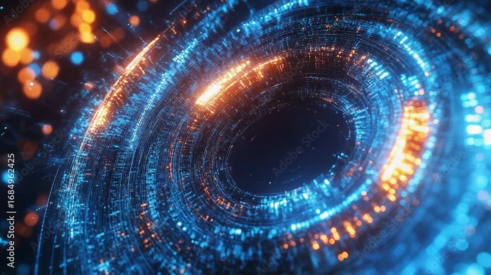 Poster futuristic swirling vortex creating digital tunnel with glowing particles