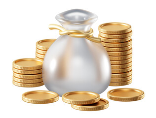 3D Financial Money Bag with Gold Coin Stack Cash Isolated on Png Transparent Background