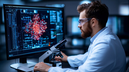 Focused Male Scientist Analyzing Complex Data on Computer Monitor in Modern Laboratory Setting