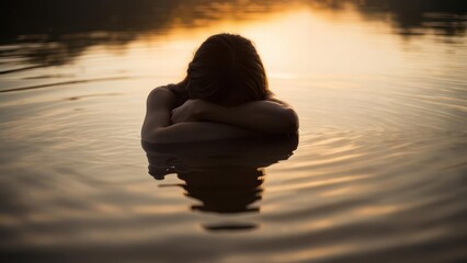 Silhouette of person in water at sunset